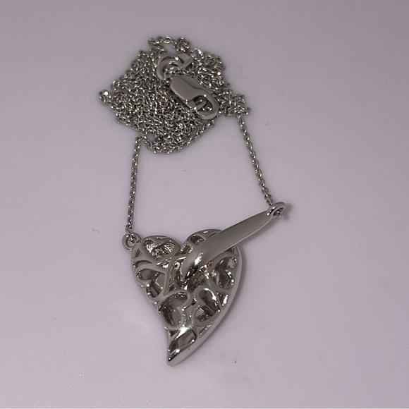 Solid 14K White Gold Hook Heart Hooked on Love Natural Diamond Necklace - Picture 9 of 15